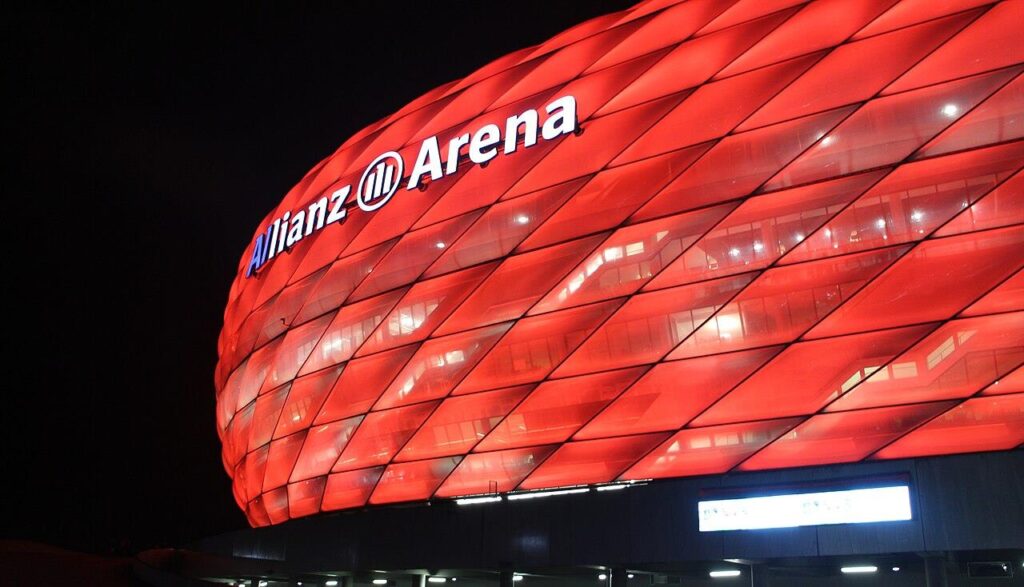 Allianz Arena in Munich lit up in red at night