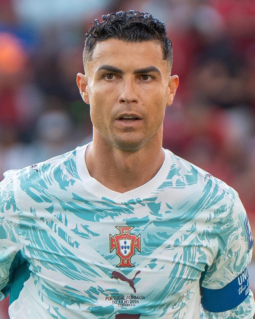 Cristiano Ronaldo in Portugal's white and teal shirt at the 2026 World Cup
