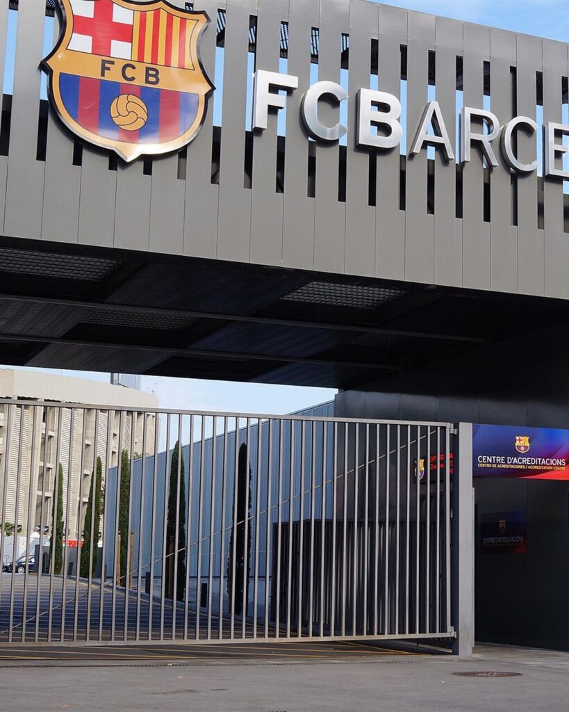 The FC Barcelona crest above the main entrance of the Camp Nou