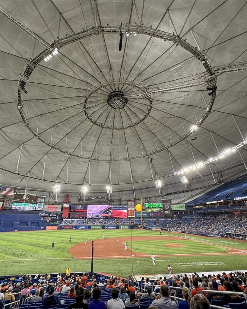 Inside Tropicana Field in St. Petersburg during a game, under the dome roof
