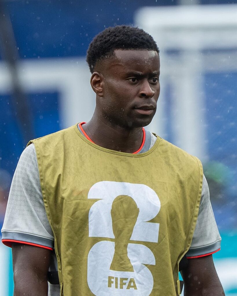 Marc Guehi in a training bib before an England match at the 2026 World Cup