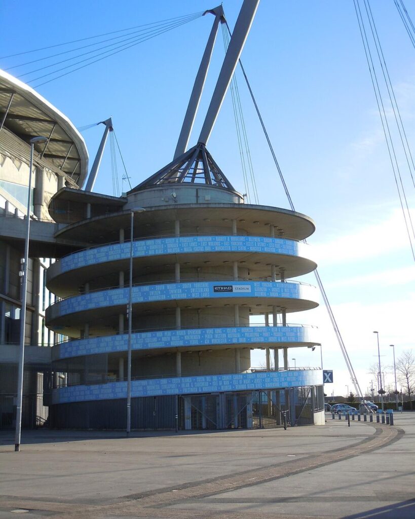 One of the round towers outside the Etihad Stadium in Manchester on a sunny day